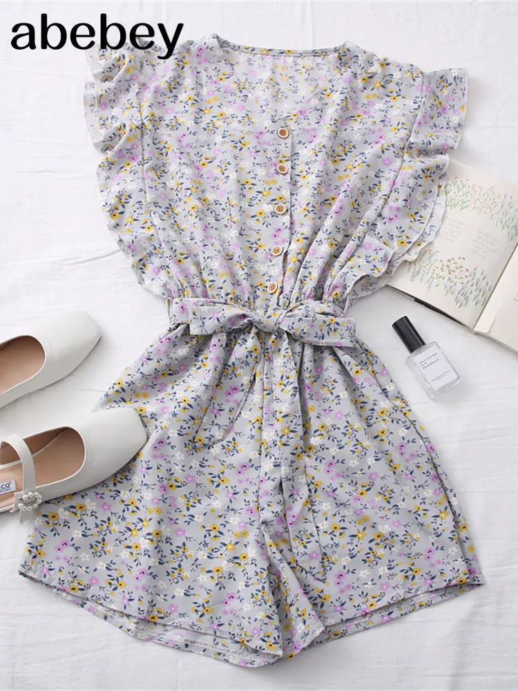 2023 New Summer Fashion All-match floral print Jumpsuit V-neck Ruffle sleeve Jumpsuit waist strap Jumpsuit wide leg Pants