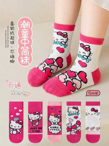 5 Pairs Sanrio Hello kitty Kids Socks Kawaii New Fall Cartoon Children mid-calf socks Cotton Sock for Girls Gifts