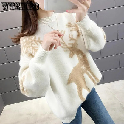 WTEMPO Christmas Loose Knitted Sweaters For Women Pullover Autumn Winter Warm Casual Knitwear All Match Soft T-shirts Female