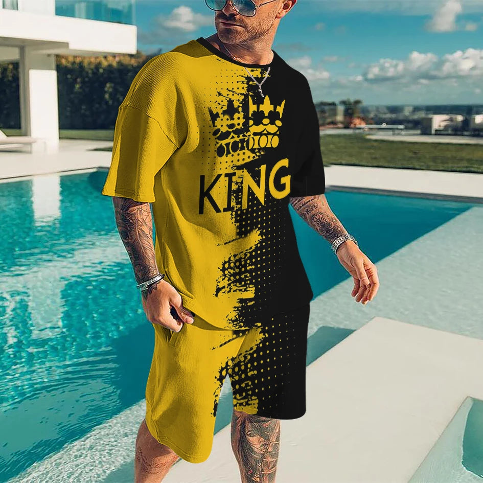 Summer Men Fashion T-Shirt Shorts Set 3D King Printed Tracksuit Male 2 Pieces Fashion Outfit Man Casual Jogging Suit Clothing