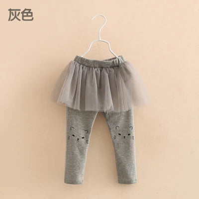 2024 Spring Autumn 2 3 4 6 8 10 Year Child Full Length Capri Pants Cartoon Cat Culottes Lace Skirt Leggings For Baby Kids Girls