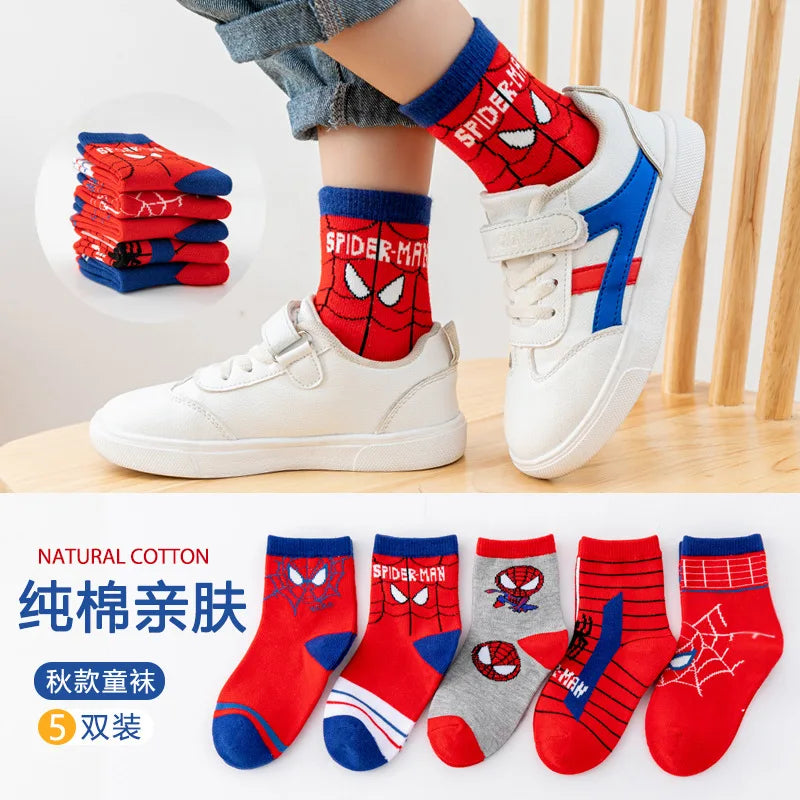 5 Pairs/Lot New Children Cute Cartoon Soft Socks Kids Spider Man Fashion Medium tube socks Boys Girls cotton socks 1-12Years