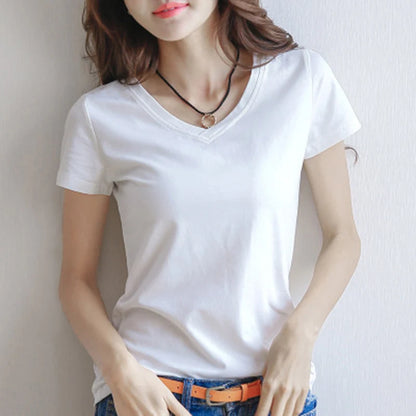 2024 Short T-Shirts Summer Women's Short Sleeve Round Neck Casual Blouse Shirts Solid Color Tops  Black / White