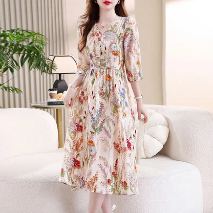 Summer New V-neck Half Sleeve Fashion Midi Dress Women High Street Floral Printing Dresses Elegant Button Lacing Y2K Vestidos