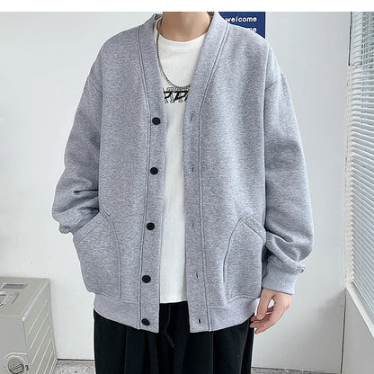 2023 Korean Sweatshirts Men Fashion Solid Color Style Hoodies Autumn Brand Casual Loose Coat Street Thick Warm Male Cardigans