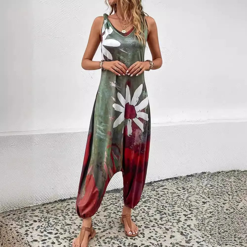 2024 Spring/Summer AliExpress Cross border European and American New Women's Fashion Printed Sleeveless V-neck jumpsuit for wome