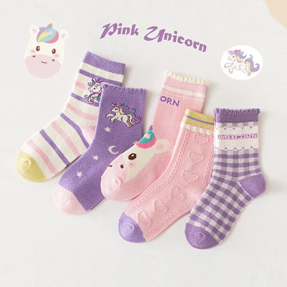 5 Pairs Children's Socks Autumn Cotton Socks Girls Mid Calf Socks Purple Unicorn Cartoon Socks Girls Cute Pattern Socks