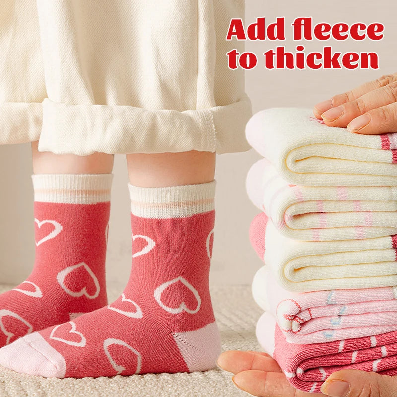 5Pairs 1-16Years Terry Socks for Girl Sweet Love Winter Children's Warm Socks Boutique Kids Clothing Soft Thickened  Fabric