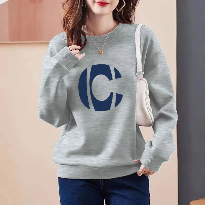 2023 Autumn/Winter New Round Neck Long Sleeve Printing Spliced Letter Slim Wild Office Lady Comfortable Loose Versatile Top