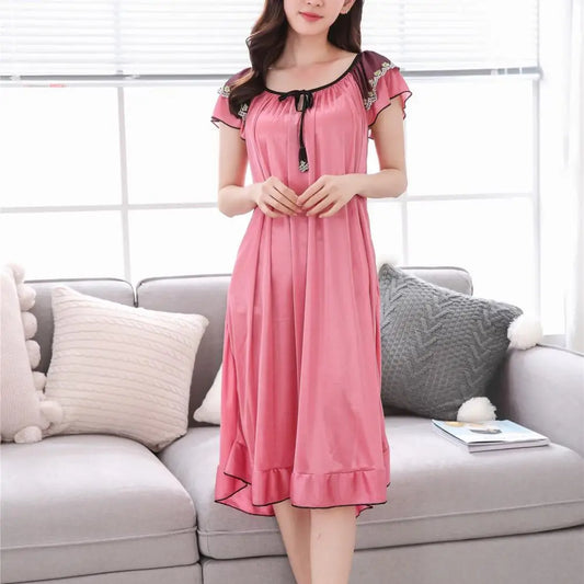 Women Sleeping Dress O-Neck Lace-up Short Sleeve Summer Nightdress Satin Ruffle Hem Girls Nightgown