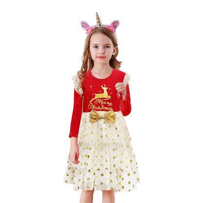 DXTON 2024 Christmas Dress For Girls Flying Sleeve Winter Princess Party Dress Sequin Elk New Year Children Baby Dress Clothing