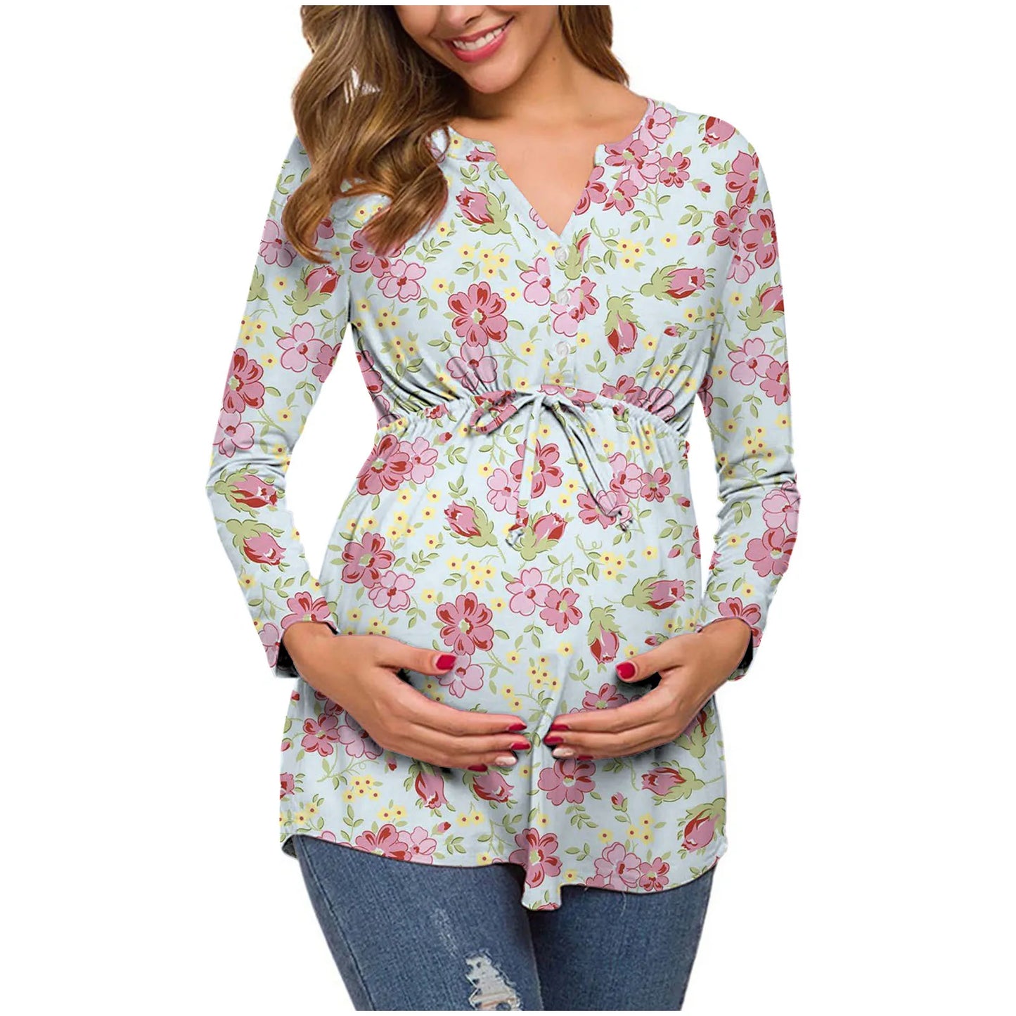 Women's Spring Autumn Long-sleeved V-neck cotton Maternity Dress Comfortable  Breathable Printed Nursing Top lactation Dress