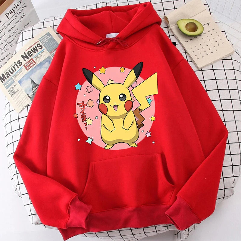 Pokémon Print Women's Plush Hoodie Red Sports Sweater Loose Top