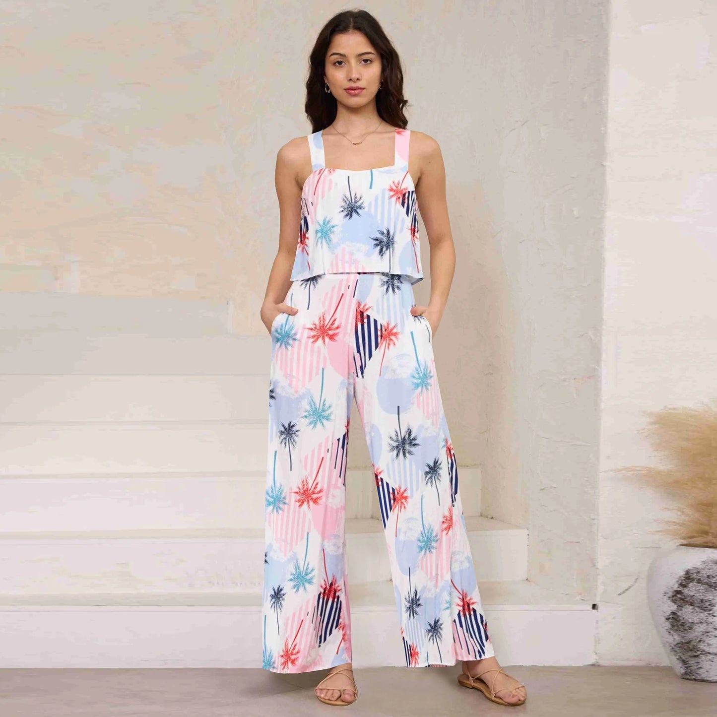 Printed Long Women Jumpsuit Casual Bohemian Wide Leg Jumpsuits Sleeveless Floral Rompers Summer Clothes For Woman 2024 New