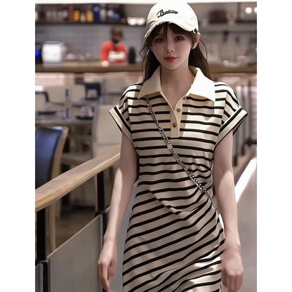 Fashion Lapel Button Knitted Slit Striped Short Sleeve Dress Female Clothing 2024 Summer New Loose All-match Casual Dresses