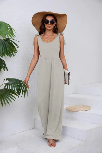 2024 Summer New Women's Amazon Source Solid Color Pocket Lace-Up Wide-Leg Jumpsuit Big U-neck Pants