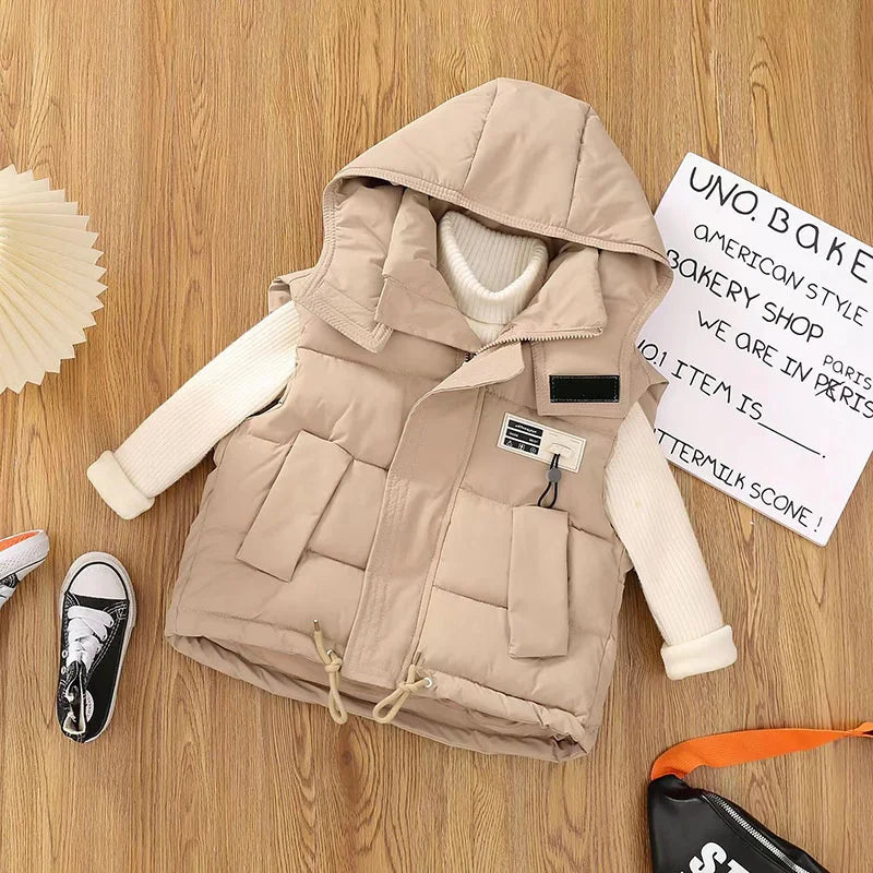 Children Hooded Down Vests Boys Girls Autumn Winter Waistcoat Kids Fashion Casual Jackets Teenager Trend Clothing Coats 4-10Y