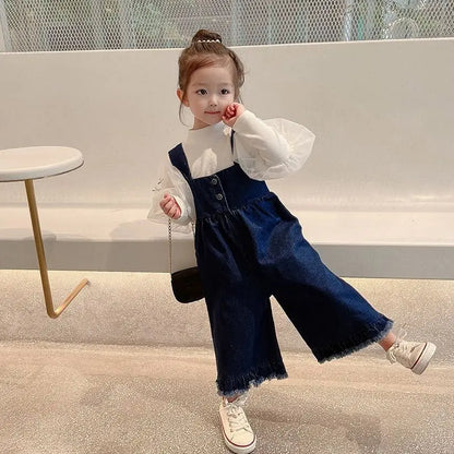 2024 Girls' Denim Overalls Autumn Clothing New Trousers Girls Fashion Kids Outfit Girls Baby Spring Clothes Wide Leg Pants