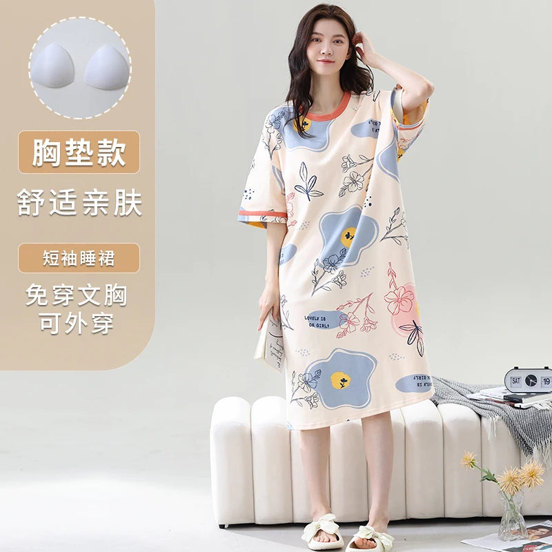 Summer Knitted Cotton Women Nightgown Short Sleeve Cartoon Sweet Soft Female Nightdress Loose M-5XL Girls Nightwear