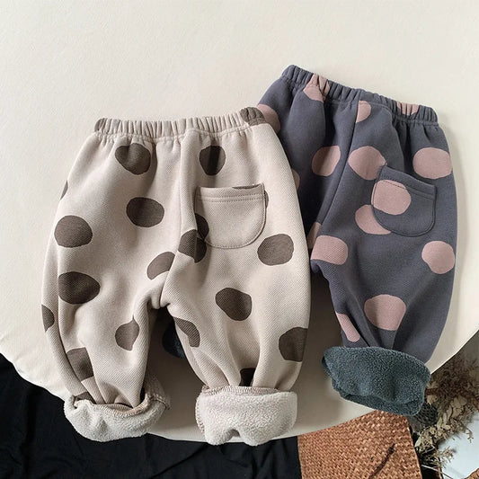 2025 New Winter Children Dot Print Trousers Plus Velvet Thick Girls Harem Pants Baby Boys Fleece Casual Pants Kids Clothes