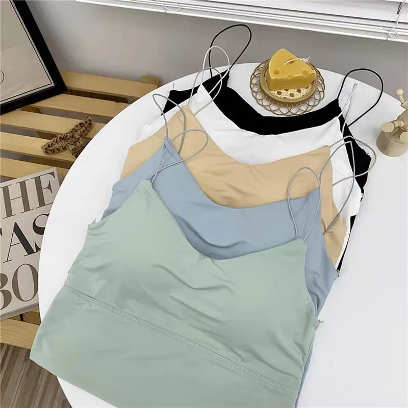 Sexy Women Crop Tops Ice Silk Summer Bra Sports Spaghetti Strap Vest Top Women Built In Bra Off Shoulder Sleeveless Camisole