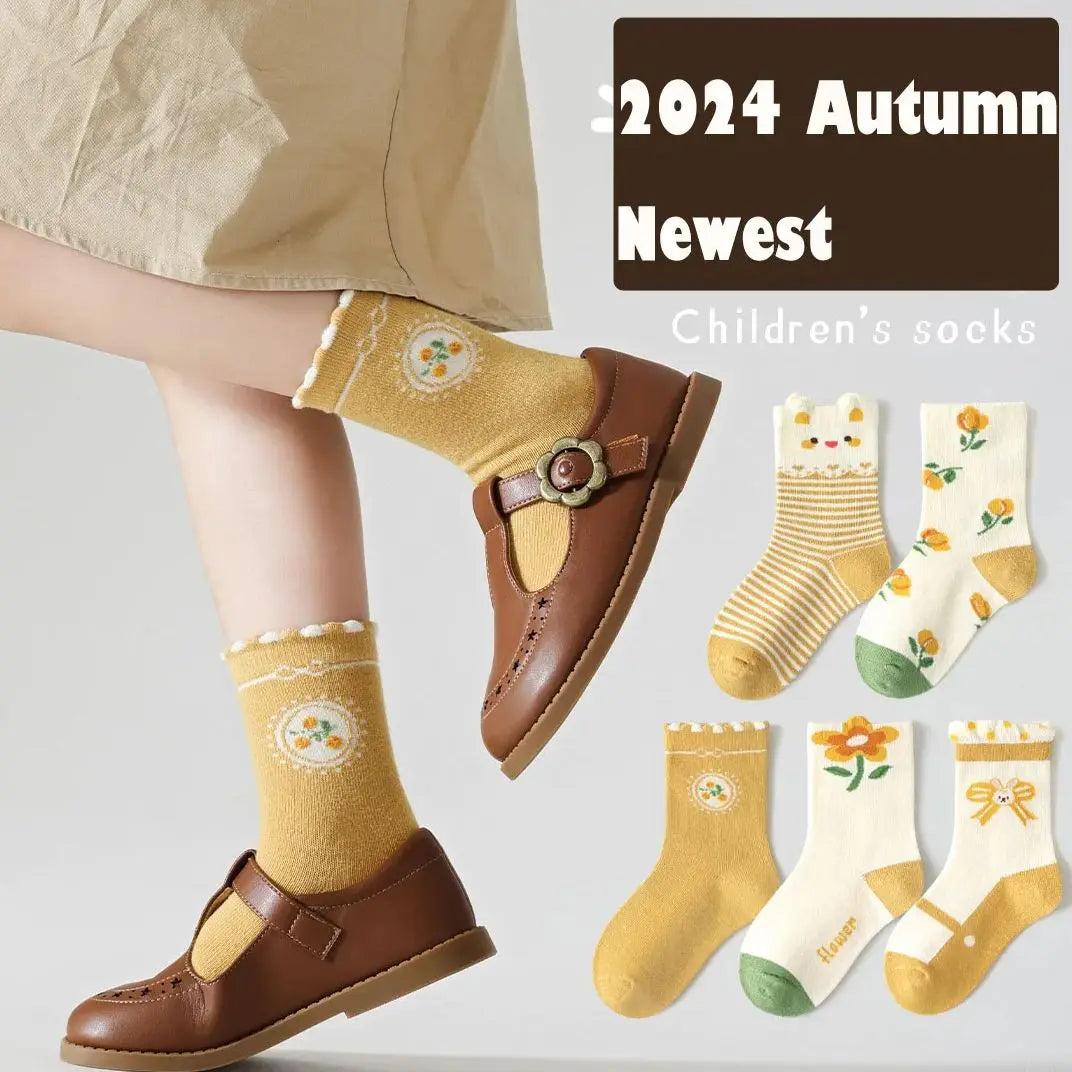 5 Pairs Autumn Socks Girls Yellow Floral Pattern Socks A Class Cotton Baby Socks Children Medium Socks Kids Socks