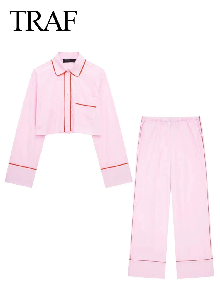 TRAF Spring Woman's Fashion Pink Suits Turn-Down Collar Long Sleeves Single Breasted Shirts+Mid Waist Lace-Up Wide Leg Pants