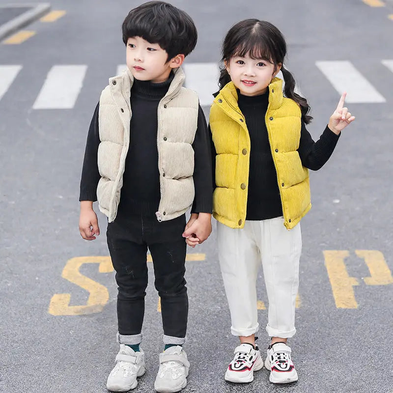 Boys Girls Children Casual Sleeveless Coats Autumn Winter Kid Clothing Corduroy Stand-Up Collar Vest Winter Clothes Vest Jackets