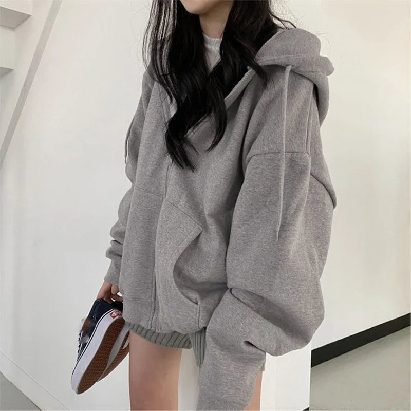 Lucyever Gray Zip Up Hoodie Coat Women Streetwear Harajuku Oversized Hood Jacket Female Autumn Retro Solid Color Sweatshirts