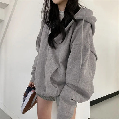 Lucyever Gray Zip Up Hoodie Coat Women Streetwear Harajuku Oversized Hood Jacket Female Autumn Retro Solid Color Sweatshirts