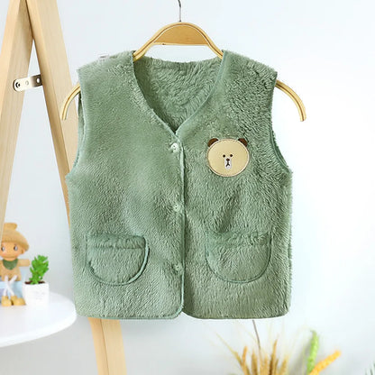 2022 Autumn Winter Girls Boys Warm Fleece Vest Baby Toldder Kids Children Soft Waistcoat Cartoon Bear Design