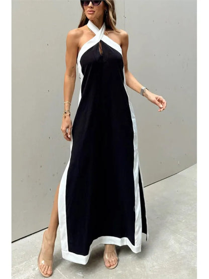 Summer Sexy Women's Dress New Style Cotton Linen Backless Halterneck Slit Vintage Boho Prom Dresses For Women Maxi Robe Femme