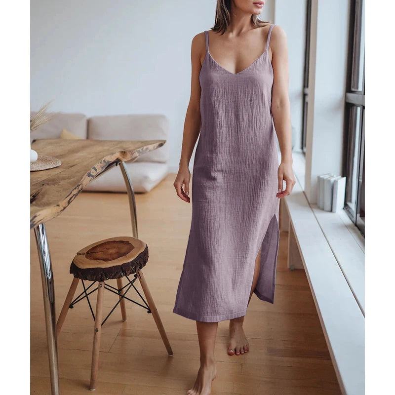 Muslin 100% Cotton Gauze Women'S Dress Sexy Adjustable Strap Sleeveless Open Side Maix Long Dress Summer Comfortable Outfit