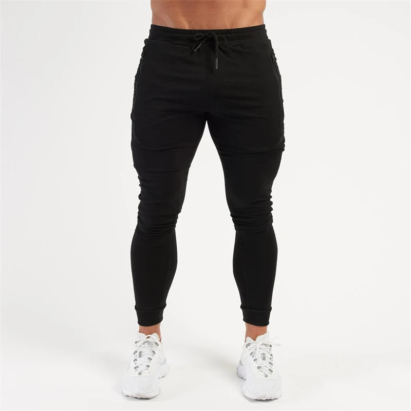 Cotton black slim trousers street clothes men's casual pants jogger gym zipper pocket fitness exercise sports pants