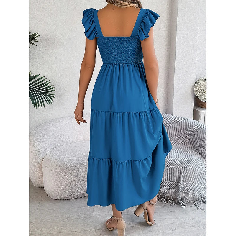 HELIAR Women Pleated Ruffles Sweet Dress Off Shoulder Solid Loose Office A-line Elegant Maxi Dress Beach Party Vestidos Summer