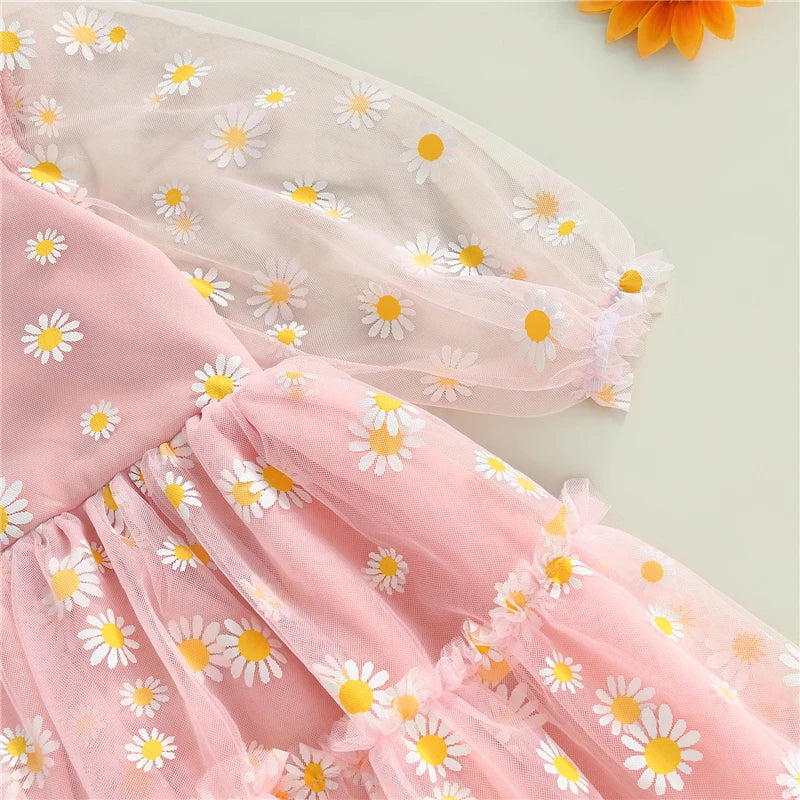 Fashion Spring Autumn Baby Girl Princess A-Line Dress Elegant Daisy Print Long Sleeves Mesh Tulle Party Dress for Toddler