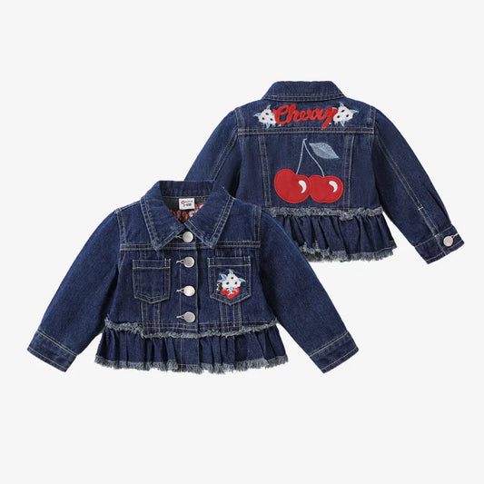 PatPat Baby Girl Childlike Fruit Embroidery  Lapel Denim Jacket