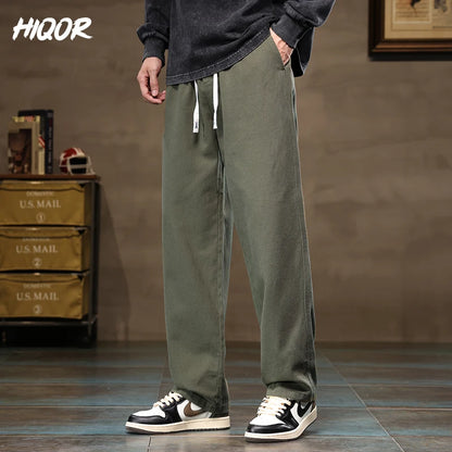 HIQOR Men Casual Pants Fashion Jogger Pant Loose Straight Wide Leg Trousers Cotton Vintage Cargo Pants Man Solid Streetwear Men