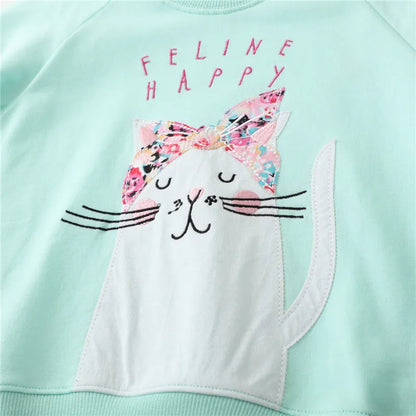 Jumping Meters Long Sleeve Autumn Spring Girls Sweatshirts With Cat Embroidery  Cotton Children's Clothing Hoodies Shirts