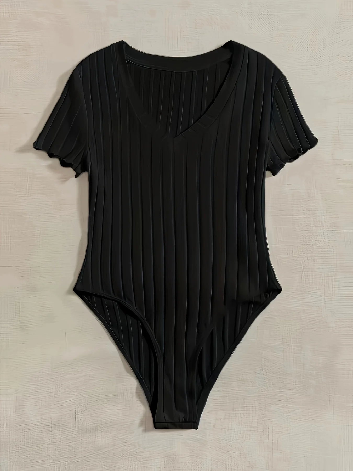 Elegant & Sexy Ribbed V-Neck Bodysuit with Lettuce Trim-Semi-Sheer Comfort Fit Easy Care - Perfect for Spring to Fall