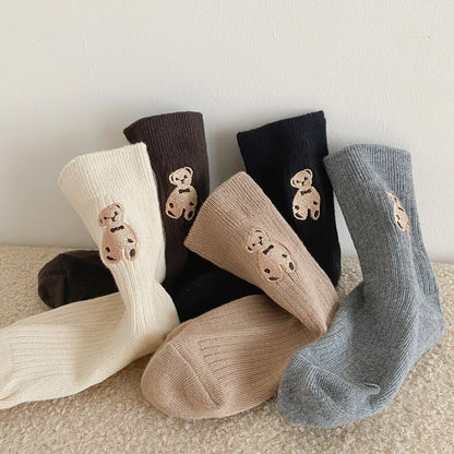 Autumn Winter Cotton Kids Socks Korean Retro Style Bear Embroidery Girls Boy Toddler Knitted Socks Warmth Tube Socks For 1-9 Yrs