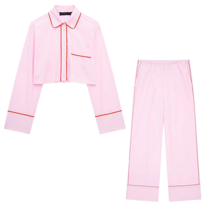 TRAF Spring Woman's Fashion Pink Suits Turn-Down Collar Long Sleeves Single Breasted Shirts+Mid Waist Lace-Up Wide Leg Pants