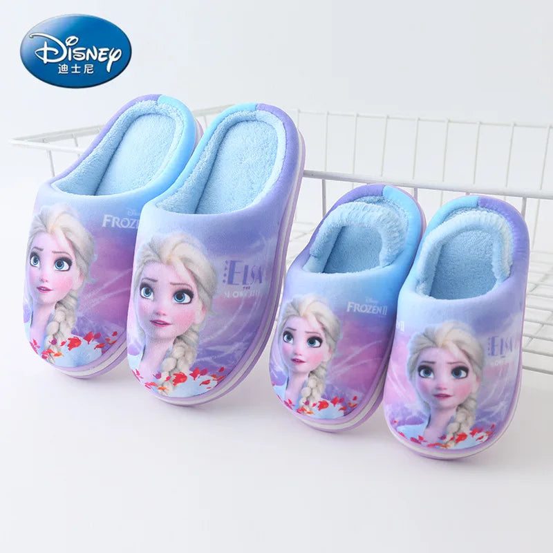 Disney Home Winter Slippers Cartoon Frozen Princess Elsa Cotton for Children in Winter Warm and Anti slip Indoor Blue Shoes Size