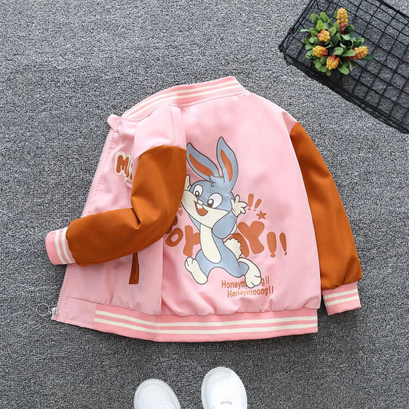 Spring and Autumn 2024 Girls and Children's Leisure Cartoon Pattern Long sleeved Hooded Zipper Coat Children's Clothing