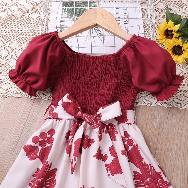 Humor Bear Girls Dress New Summer Puff- Sleeve Floral Printed  Princess Dress Toddler Children Clothes