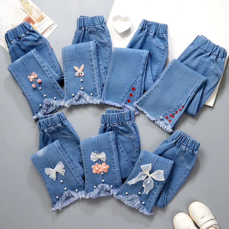 New Girls Denim Trousers Spring Autumn Fashion Girls Printed Jeans Bell-bottoms Kids Casual Elastic Trousers Blue Jeans Pants