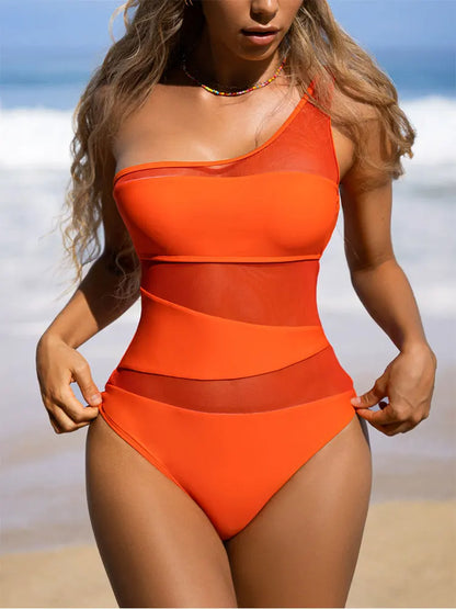 In-X 2022 New Sexy Mesh Patchwork Swimwear Women One Piece Swimsuit Female One Shoulder Monokini Bathers Bathing Suit Beachwear