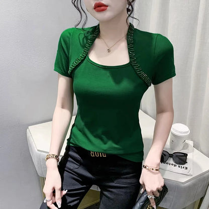 New Summer Korean Chic Women T-Shirt Fashion Sexy Square Neck Beading Tees Brand Girl Short Sleeved Slim Cotton Tops Blusas