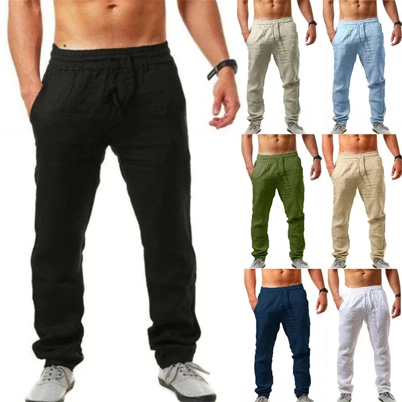 Pants Men Cotton Linen Trousers Joggers Casual Solid Elastic Waist Straight Loose Sports Running Pants Plus Size Men's Clothing