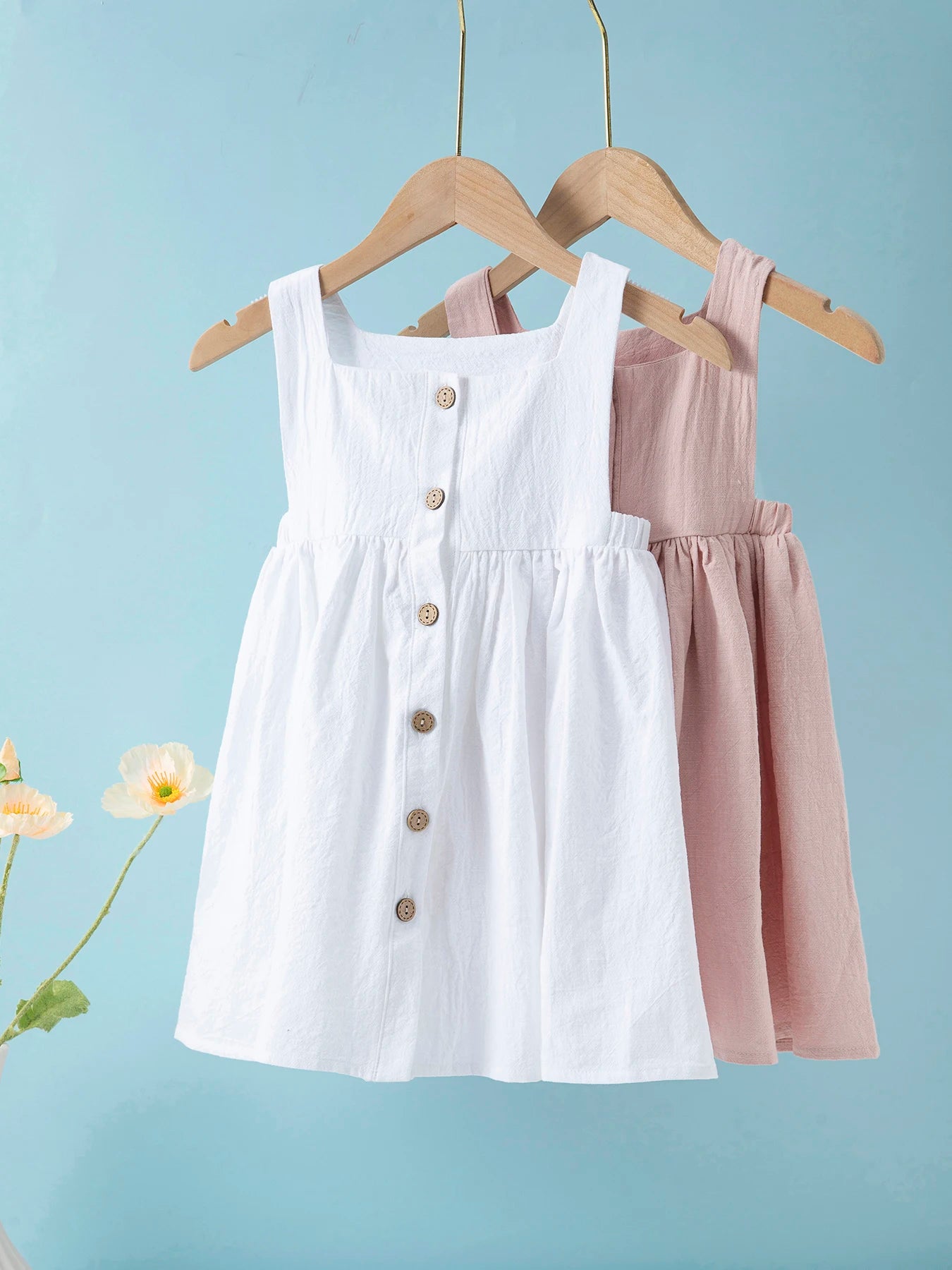 Summer kids clothes solid color suspender girl frocks linen cotton sleeveless summer dress